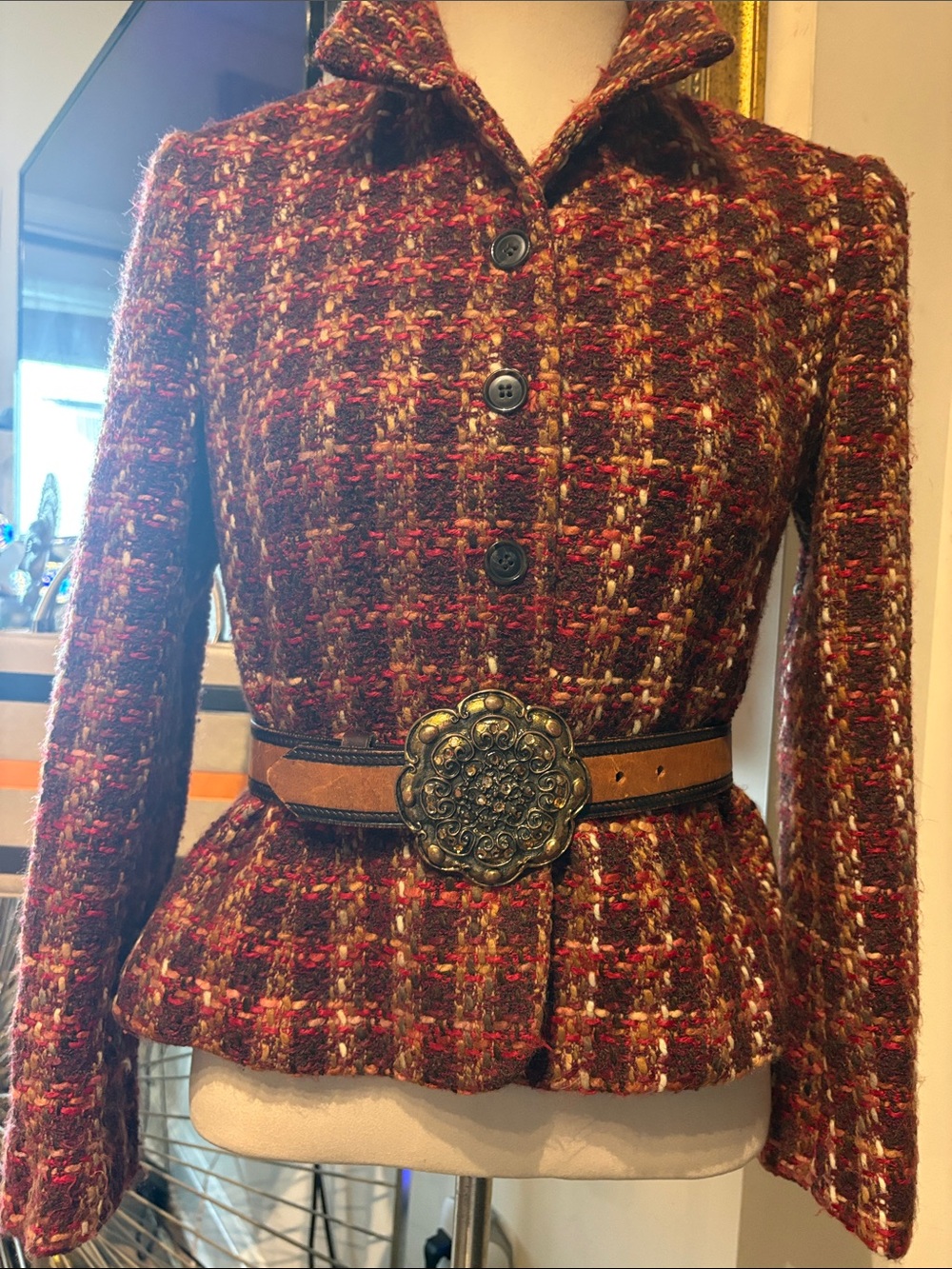 Jones New York Multicolor Tweed Jacket with Burgundy Lining
